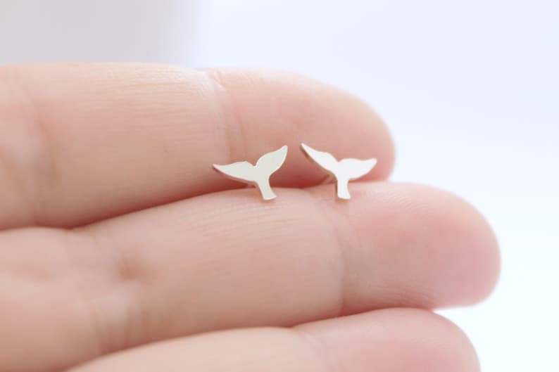 Whale Tail Stud Earrings Sterling Silver Whale Earring Artisan Handmade Made Beach Theme Jewelry Whale Jewelry Silver Whale Tail image 1