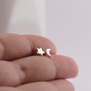 Celestial Studs • Crescent Moon and Star Sterling Silver Earrings • Mismatch Studs • Moon Stars Jewelry • Crescent Moon Stud • Artisan Made