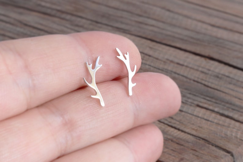 Silver Antler Studs Post Earrings Handmade NEW Smaller Sized Antler Earrings in Sterling Silver Rustic Woodland Deer Jewelry,Gift for Her