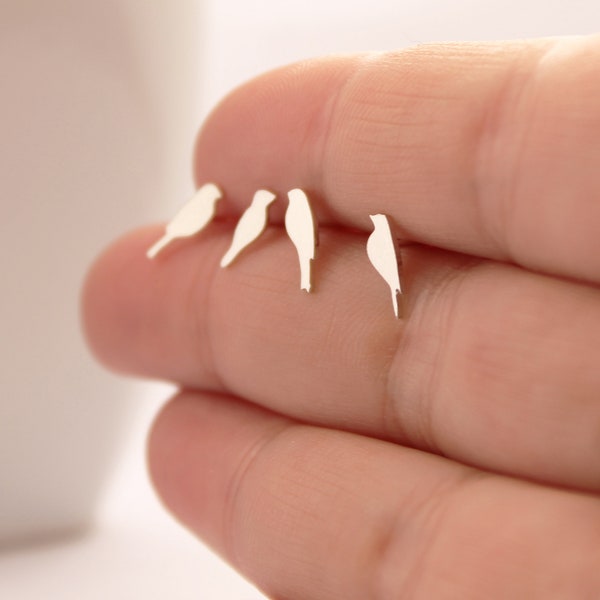Mismatched Set of Four Silver Bird Earrings, Handmade from Sterling Silver, Bird Post Studs, Silver Bird Jewelry