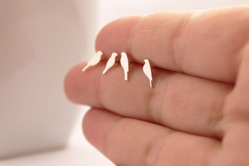 Tiny Bird Studs Set of Four 4 Bird Earrings Sterling Silver Mismatched Studs Bird Jewelry Cute Quirky Earrings Bird Lover Gift image 1