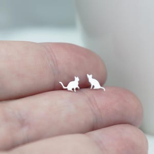 Mini Mismatch Cat Studs • One Reaching Cat One Sitting Cat Pose • Handmade • Sterling Silver • Cat Lover Gift • Tiny Silver Cat Studs 6mm