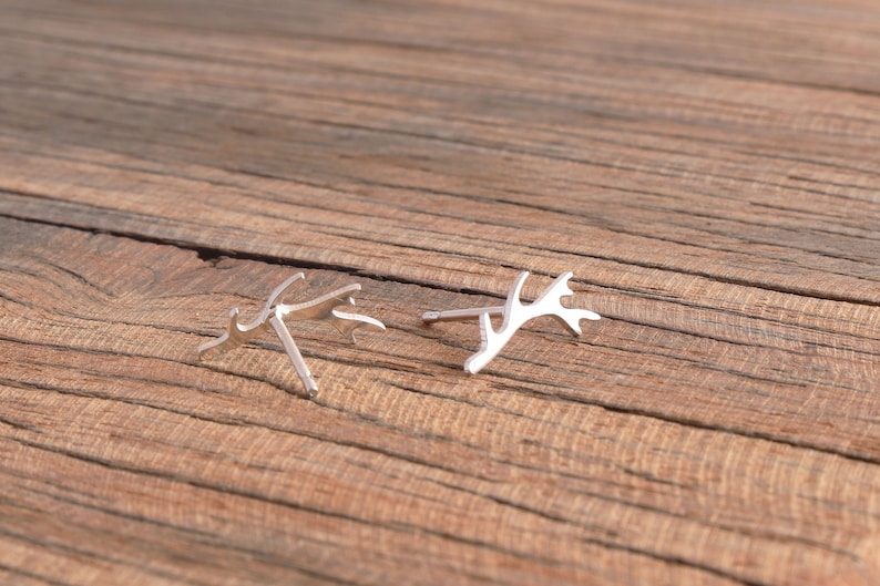 Silver Antler Studs Post Earrings Handmade NEW Smaller Sized Antler Earrings in Sterling Silver Rustic Woodland Deer Jewelry,Gift for Her