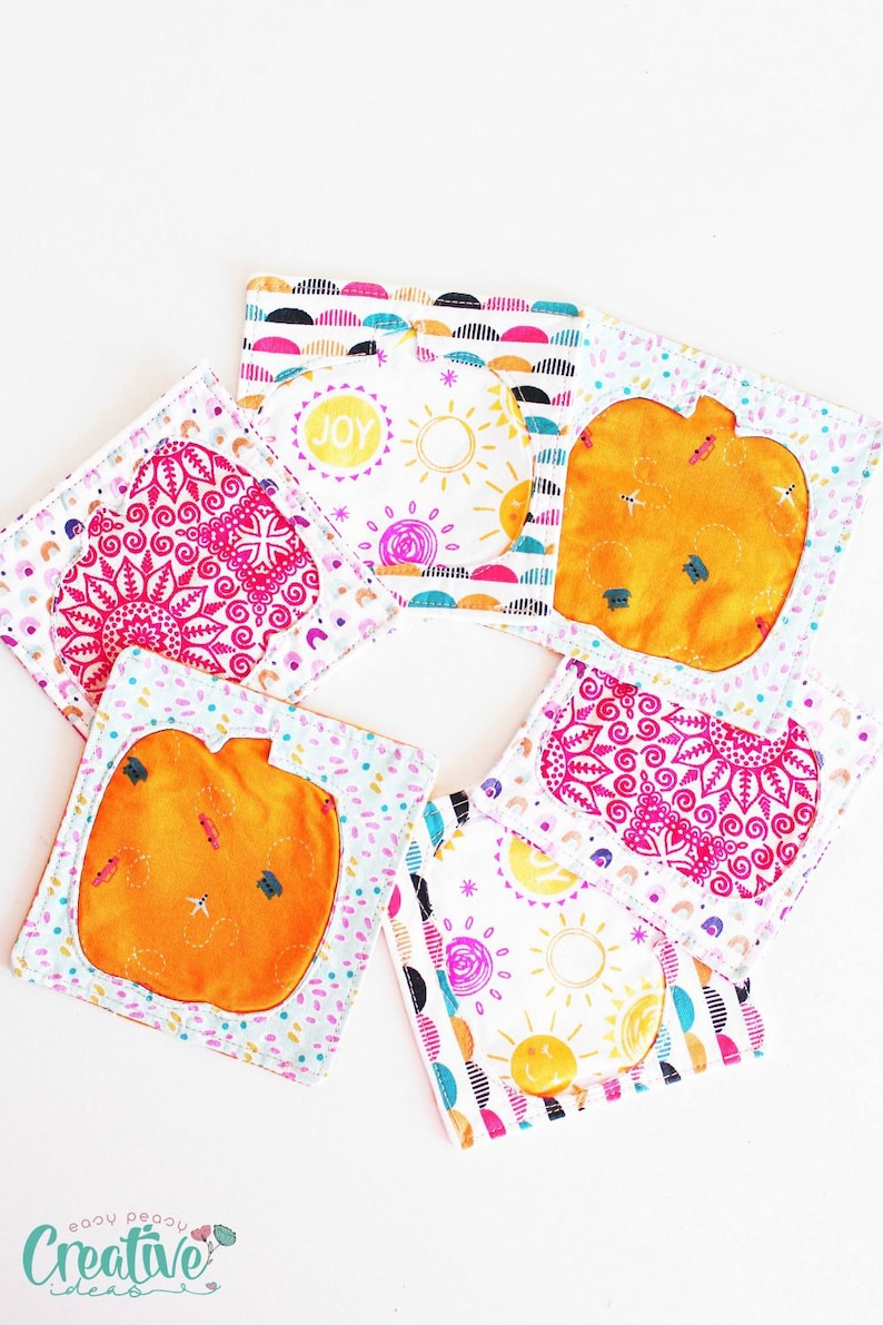 Reverse applique pumpkin coasters, pumpkin coasters pattern, coasters sewing pattern, reverse applique technique, applique pattern image 1