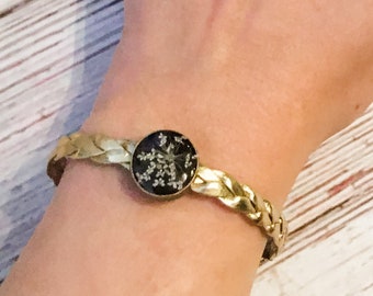 Real Queen Annes Lace Flower Bracelet, Gold Faux Leather Slider