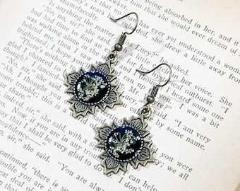Queen Anne's Lace Brass Earrings, Eco-Resin Floral Jewelry