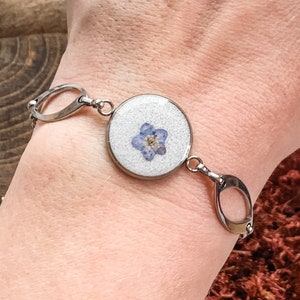 Forget Me Not Flower Bracelet, real tiny blue forget me not flower bracelet, minimalist stainless steel adjustable bracelet, gifts under 30