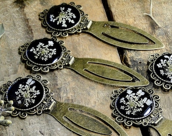 Pressed Queen Anne's Lace Bookmark, Antique Brass, Real Dried Flowers