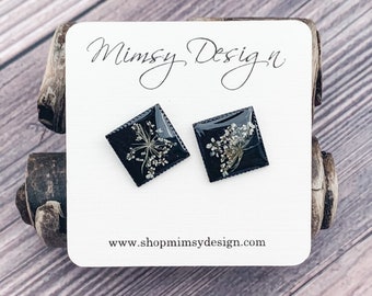 Real Queen Annes Lace Earrings - Brass Studs, Eco Resin Jewelry