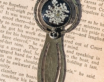 Pressed Queen Annes Lace Bookmark, Antique Brass, Skull Charm