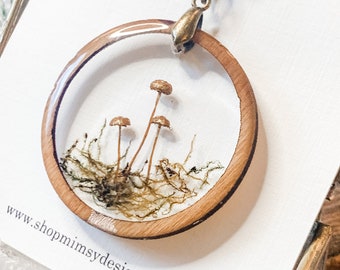 Real Mushroom Resin Necklace, Gold Painted, Dried Moss, Fae Jewelry