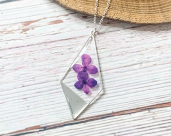 Sterling Silver Purple Hydrangea Necklace, Eco Resin Floral Pendant