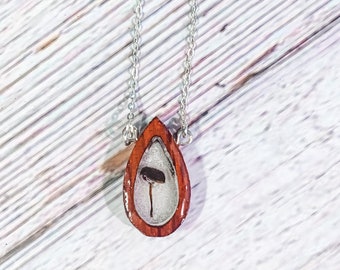 Real Dried Miniature Mushroom Necklace, wooden framed real mushroom in resin sterling silver unique jewelry, anniversary gift for her