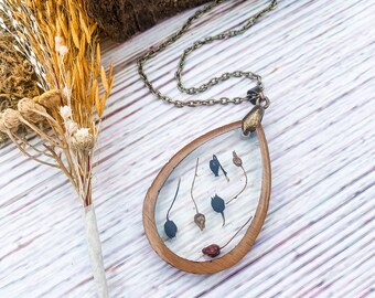 Dried Onion Seed Resin Necklace, Wooden Framed Pendant