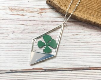 Real Clover Necklace, Sterling Silver Four Leaf Clover Pendant, Botanical Jewelry