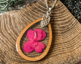 Pink Hydrangea Flower Wooden Silver Necklace, one tiny real dried hydrangea blossom, suspended in resin & wood on a  sterling silver chain