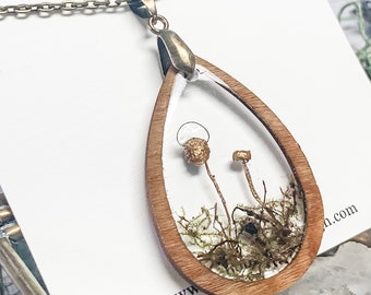Real Mushroom Necklace, real dried mushroom necklace, hand painted gold mushrooms and moss fairy jewelry, gifts for her, tiny mushrooms