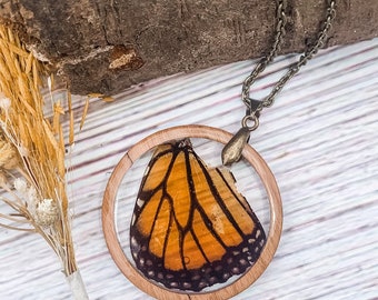 Monarch Butterfly Wing Necklace, Eco Resin Pendant, Sterling Silver Plated Chain