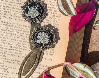 Pressed Queen Anne's Lace Bookmark, Antique Brass, Real Dried Flower