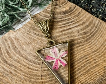 Lemon Verbena Pink Dried Flower Necklace, dried pressed tiny pink flower necklace, perfect for her witchy jewelry in delicate brass