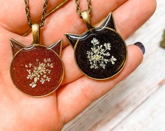 Black Cat Brass Necklace, Real Dried Queen Anne's Lace Flower, Cat Lover Jewelry