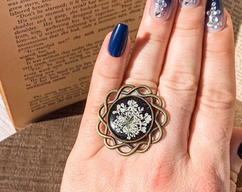 Pressed Queen Anne's Lace Flower Ring, Antique Brass Adjustable Ring