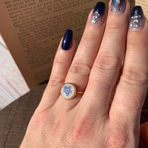 Real Blue Forget Me Not Flower Gold Ring, real dried tiny blue flower resin gold ring with flowers, natural jewelry gifts for her, blue ring