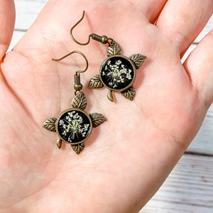 Queen Anne’s Lace Brass Earrings, real dried and pressed white flower dangle resin earrings, gifts for her