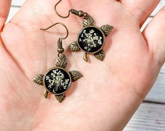 Queen Anne's Lace Brass Earrings, Pressed Flower Resin Dangle