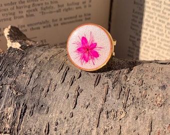 Pressed Pink Flower Resin Ring, Gold Tone, Botanical Jewelry
