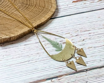 Fern Resin Necklace, Raw Brass Crescent Moon, Fairy Jewelry