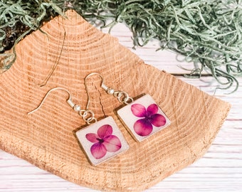 Purple Hydrangea Flower Dangle Earrings, Sterling Silver Plated, Resin Jewelry