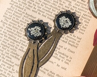 Pressed Queen Anne's Lace Bookmark, Antique Brass & Resin
