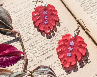 Pink Monstera Resin Earrings, Forget-Me-Not Flowers, Sterling Silver