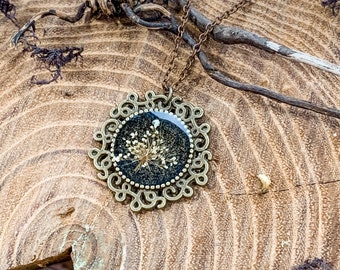 Real Dried Queen Anne's Lace Necklace, Brass Flower Resin Jewelry