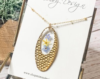 Dried Forget-Me-Not Flower Necklace, Raw Brass Resin Pendant