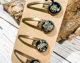 Pressed Queen Annes Lace Flower Barrettes, Dried Flower Hair Clips (Pair)