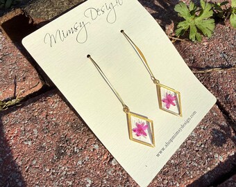 Raw Brass Dangle Earrings with Pink Starburst Flower Resin, Real Botanicals