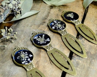 Pressed Queen Anne's Lace Bookmark, Brass, Real Dried Flower