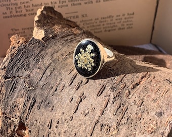 Pressed Queen Annes Lace Silver Ring, Resin Jewelry, Size 7 1/2