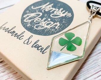 Real Four Leaf Clover Necklace, Sterling Silver, Botanical Jewelry