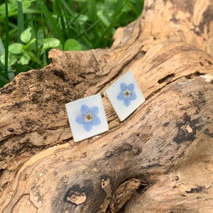 Pressed Blue Forget Me Not Flower Earrings, petite silver studs with dried blue flowers, delicate jewelry for bridesmaids