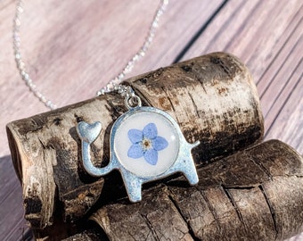 Tiny Blue Forget Me Not Elephant Flower Necklace in silver, minimalist silver flower jewelry gifts for her, delicate resin jewelry