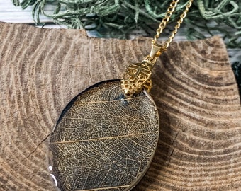 Gold Skeleton Leaf Necklace, hand painted gold real dried skeleton leaf set in resin, black gold real nature lover jewelry for her under 50