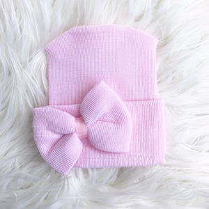 SMALL bow newborn hat, hospital hat with small bow for newborn girls, baby girl hat with small bow Also fits preemies image 1