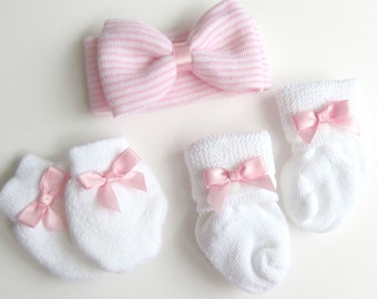 Baby Girl Booties, newborn booties pink and Newborn Headband with Bow Baby Girl Headband with Bow - PINK