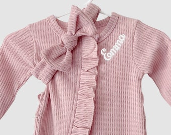 PERSONALIZED Baby Girl Coming Home Outfit - Hospital Outfit for Baby Girls Newborn Waffle Knit Ruffled Footie With Bow -
