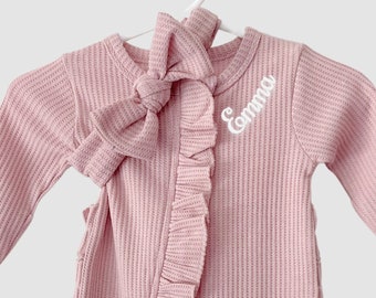 PERSONALIZED Baby Girl Coming Home Outfit - Hospital Outfit for Baby Girls Newborn Waffle Knit Ruffled Footie With Bow -