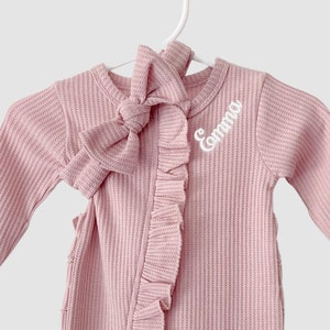 PERSONALIZED Baby Girl Coming Home Outfit - Hospital Outfit for Baby Girls Newborn Waffle Knit Ruffled Footie With Bow -