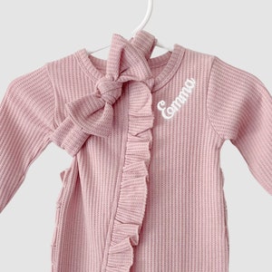 Embroidered Baby Name Outfit Newborn Waffle Knit Ruffled Footie With Bow - Baby Girl Coming Home Outfit - Hospital Outfit for Baby Girls
